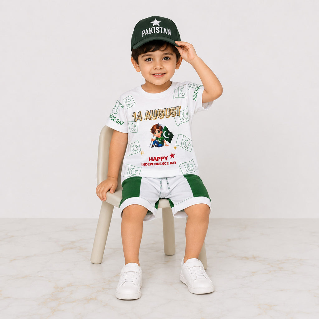 Boys 14 August Jersey Outfit 1-4 Years – Pakistan Independence Day T-Shirt Shorts & Cap Set