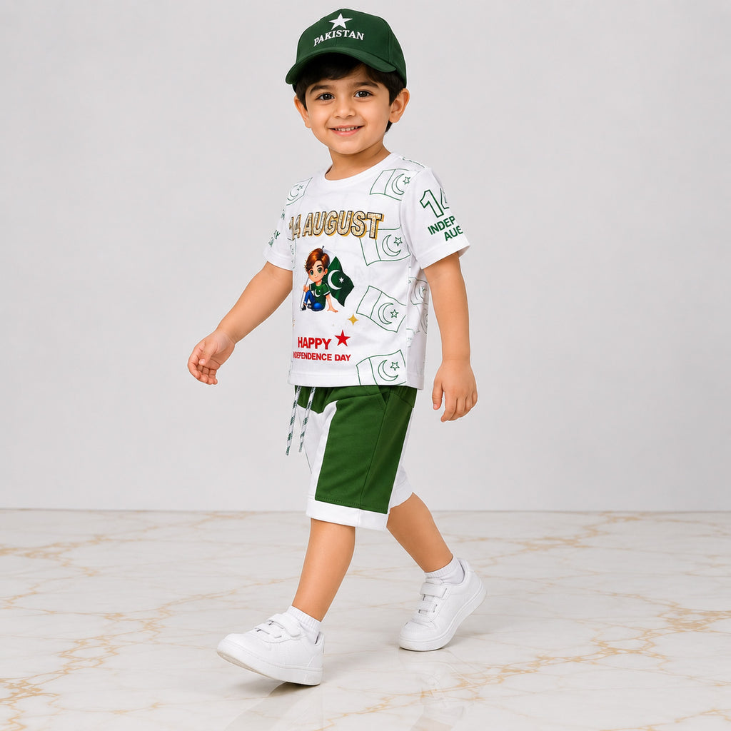 Boys 14 August Jersey Outfit 1-4 Years – Pakistan Independence Day T-Shirt Shorts & Cap Set