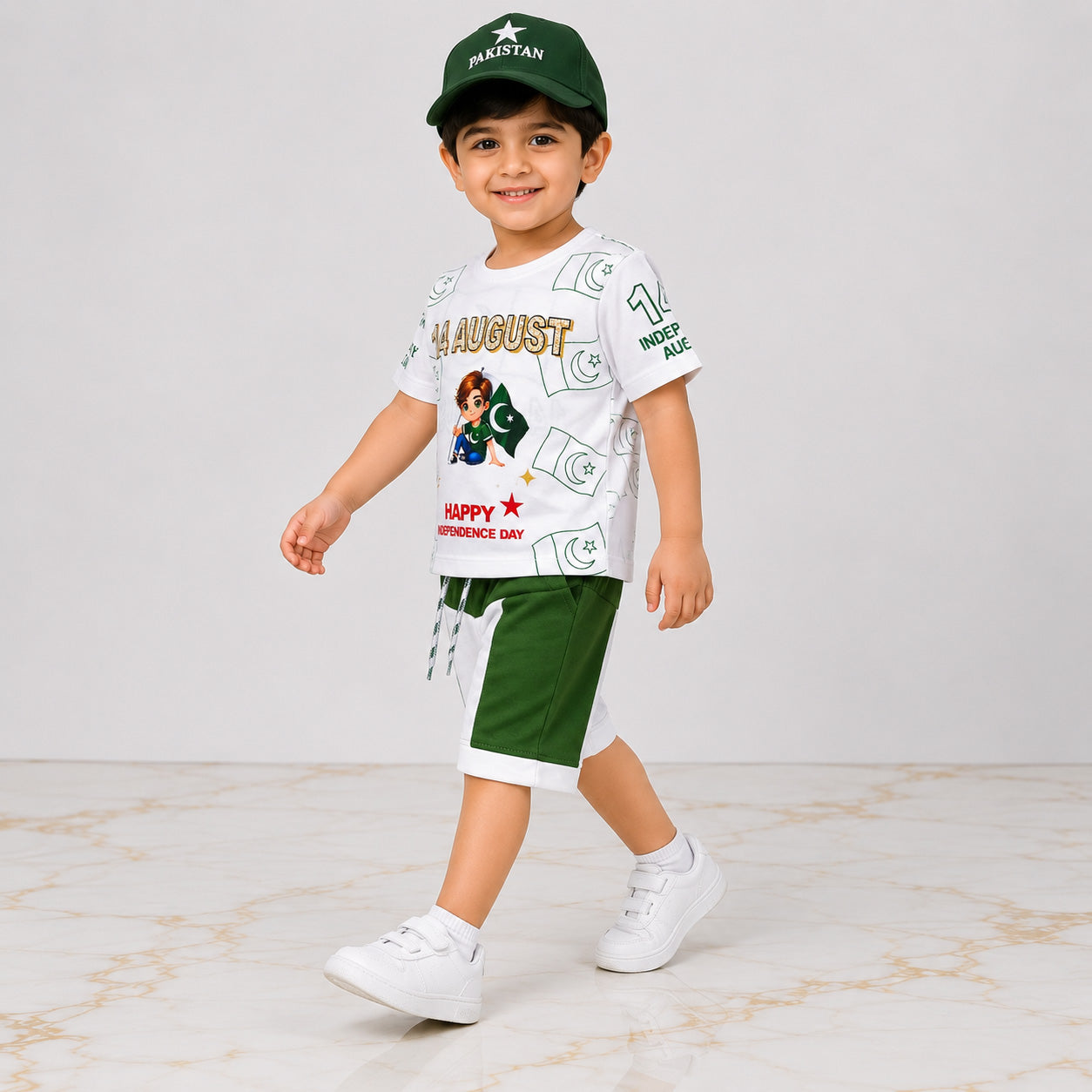 Boys 14 August Jersey Outfit 1-4 Years – Pakistan Independence Day T-Shirt Shorts & Cap Set