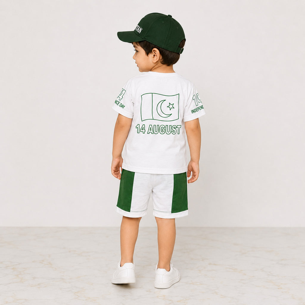 Boys 14 August Jersey Outfit 1-4 Years – Pakistan Independence Day T-Shirt Shorts & Cap Set