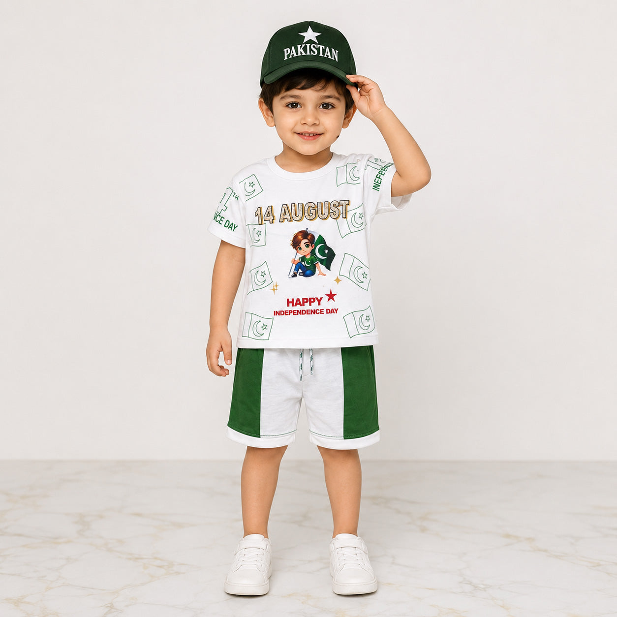 Boys 14 August Jersey Outfit 1-4 Years – Pakistan Independence Day T-Shirt Shorts & Cap Set