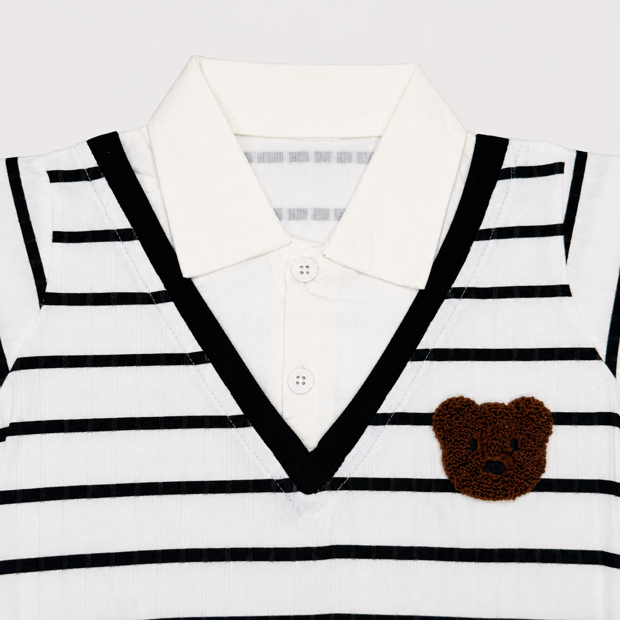 Boys Bear Embroidered 2 Piece Casual Set – Striped Collar Shirt & Jogger Trouser