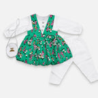 Girls 3 Piece Floral Frock Suit 2-5 Years – Green Printed Dress with Trouser & Bag