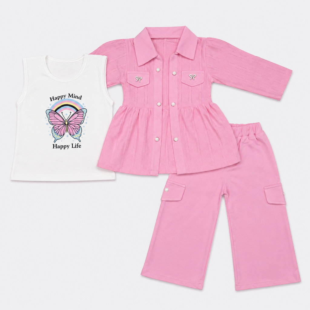 Girls Imported Jersey 3-Piece Suit – Butterfly Printed Inner Set