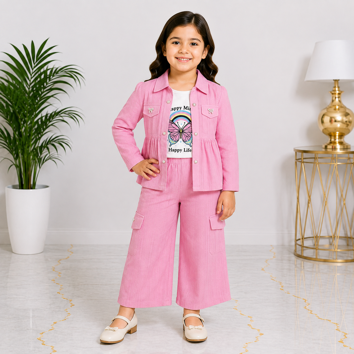 Girls Imported Jersey 3-Piece Suit – Butterfly Printed Inner Set