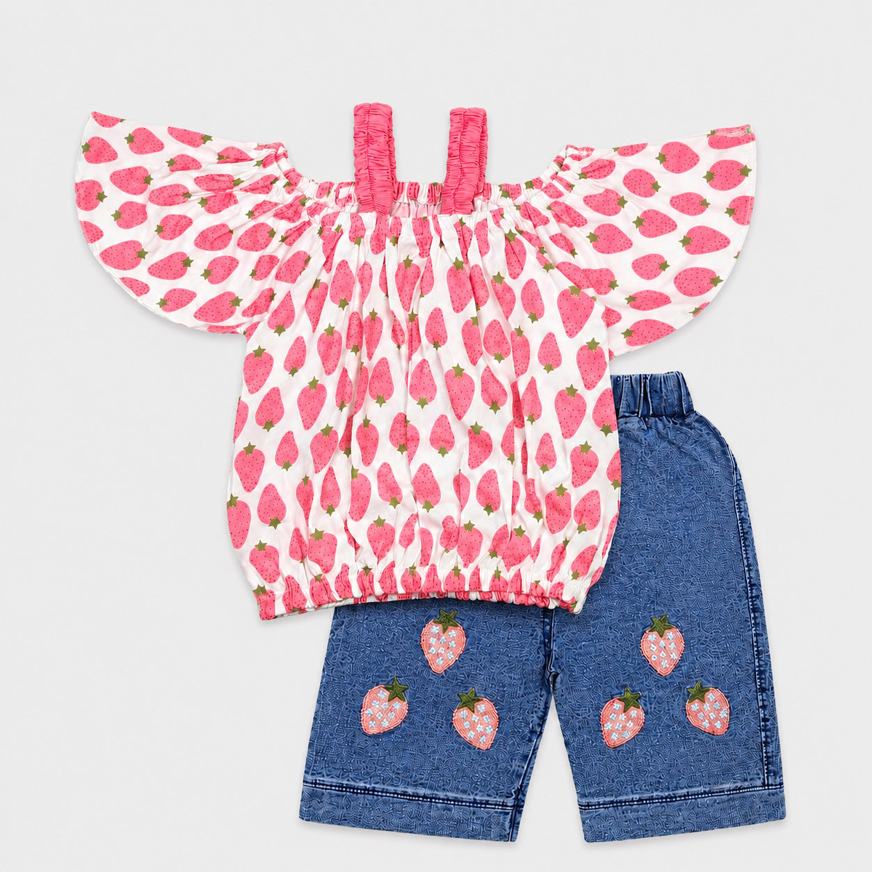Girls Strawberry Top & Denim Shorts Set – 2 Piece Summer Outfit