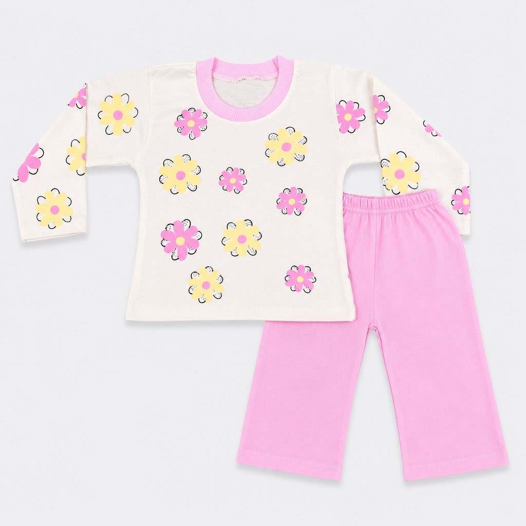 Baby Girls Printed Jersey 2-Piece Set | Floral Full Sleeve Top & Wide-Leg Trouser