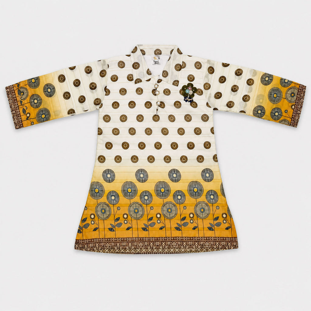 Girls 2 Piece Digital Printed Chiffon Suit – Mustard Floral Print Kids Outfit | Lamtar Kids