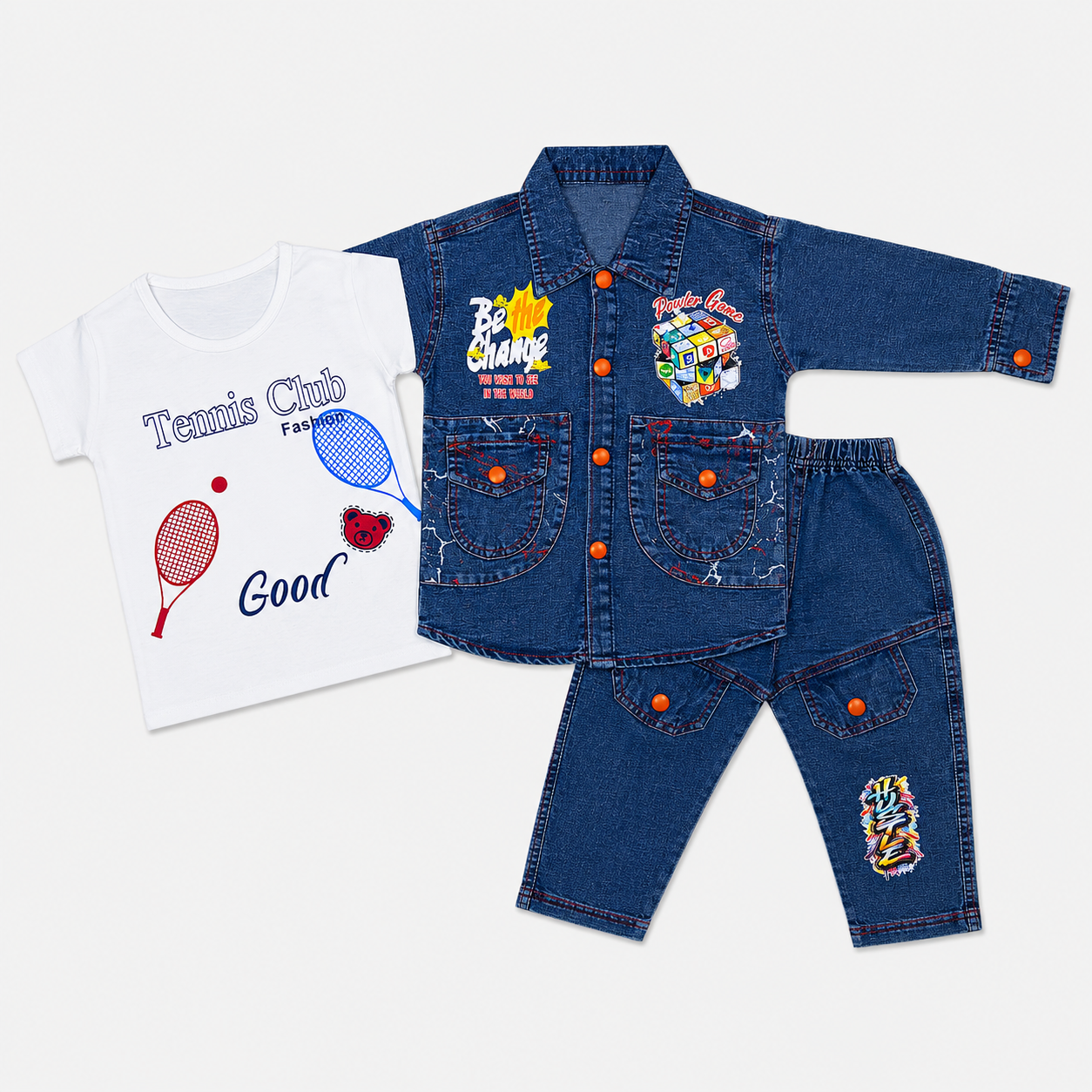 Boys Denim 3-Piece Suit – Printed T-Shirt, Jacket & Jeans Set