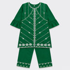 Girls Cotton Embroidered 2 Piece Suit – Green Kurti With Trouser – Kids Eastern Wear