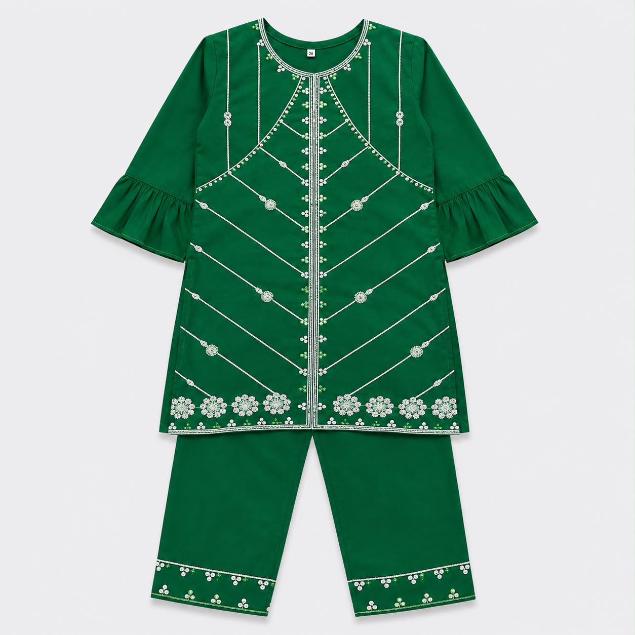 Girls Cotton Embroidered 2 Piece Suit – Green Kurti With Trouser – Kids Eastern Wear