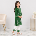 Girls Cotton Embroidered 2 Piece Eastern Suit – Green & White
