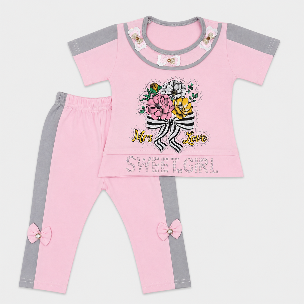Girls 2-Piece Cotton Summer Suit | Printed T-Shirt & Trouser Set
