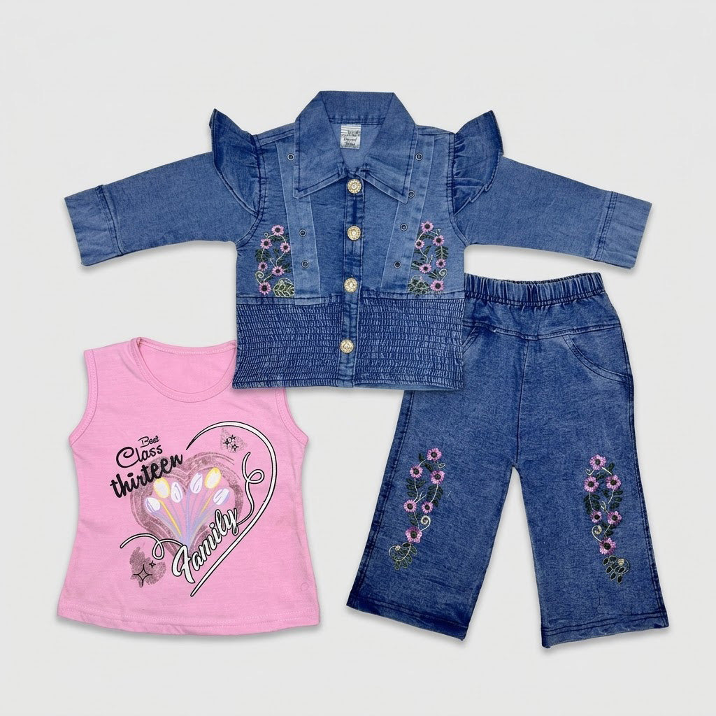 Girls 3-Piece Embroidered Cotton Suit (Blue Jacket,Inner & Trouser)