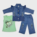 Girls 3-Piece Embroidered Cotton Suit (Blue Jacket,Inner & Trouser)