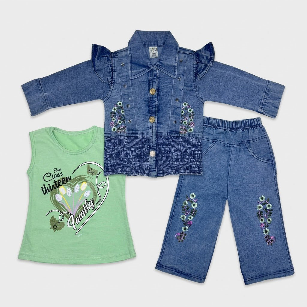 Girls 3-Piece Embroidered Cotton Suit (Blue Jacket,Inner & Trouser)