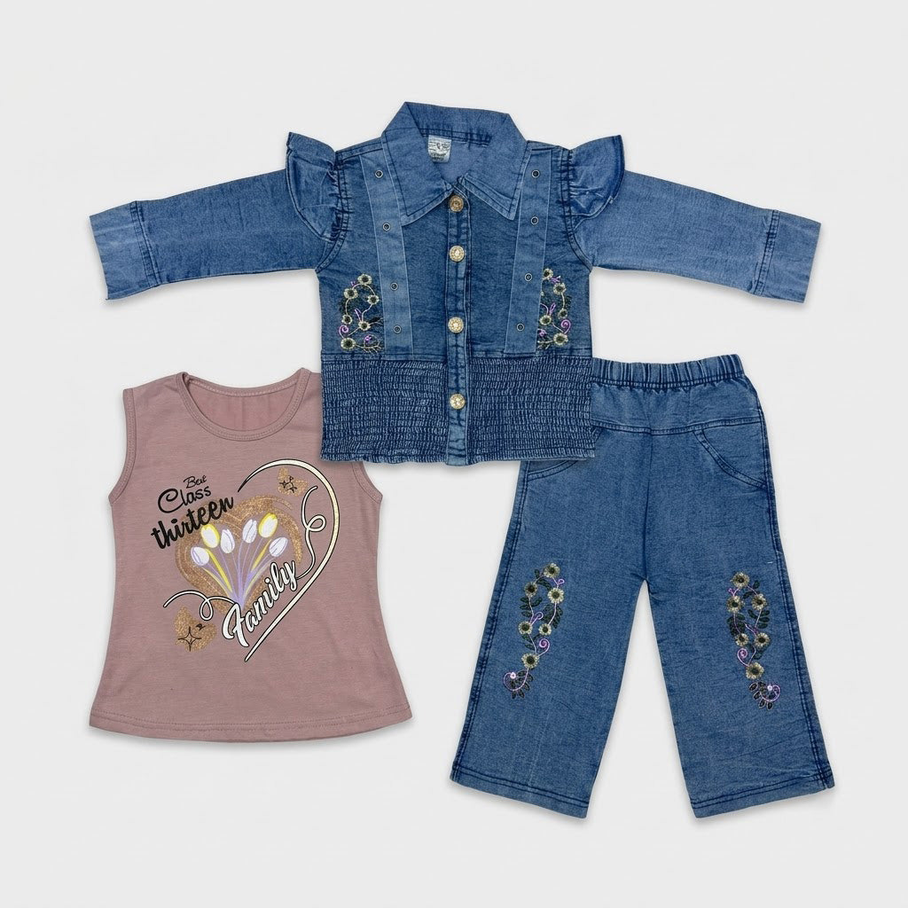Girls 3-Piece Embroidered Cotton Suit (Blue Jacket,Inner & Trouser)