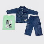 Girls 3-Piece Denim-Look Cotton Suit (Blue Jacket,Inner & Cargo Trouser)