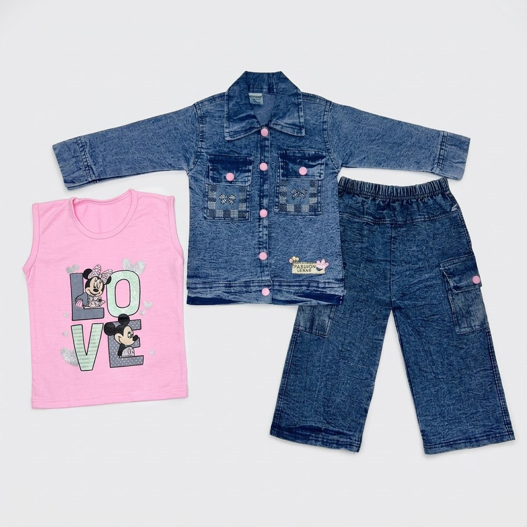 Girls 3-Piece Denim-Look Cotton Suit (Blue Jacket,Inner & Cargo Trouser)
