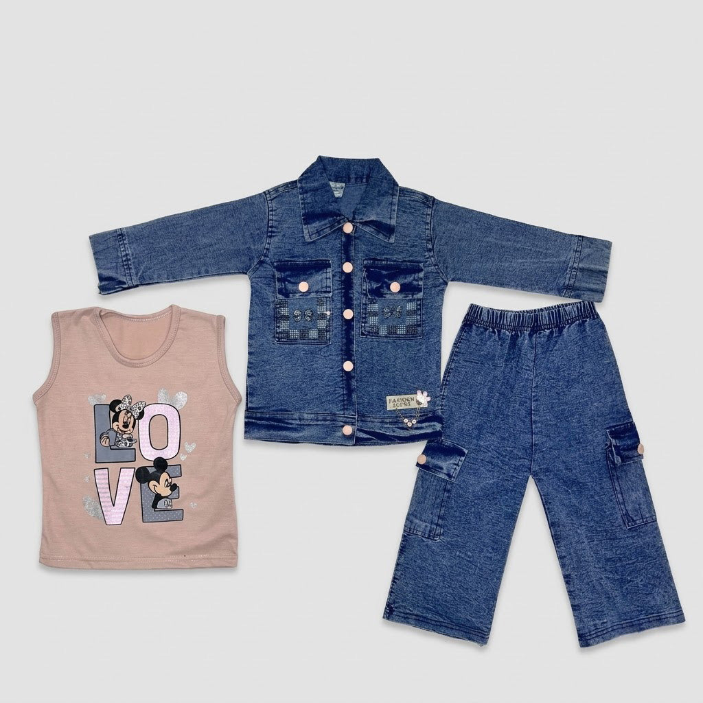 Girls 3-Piece Denim-Look Cotton Suit (Blue Jacket,Inner & Cargo Trouser)