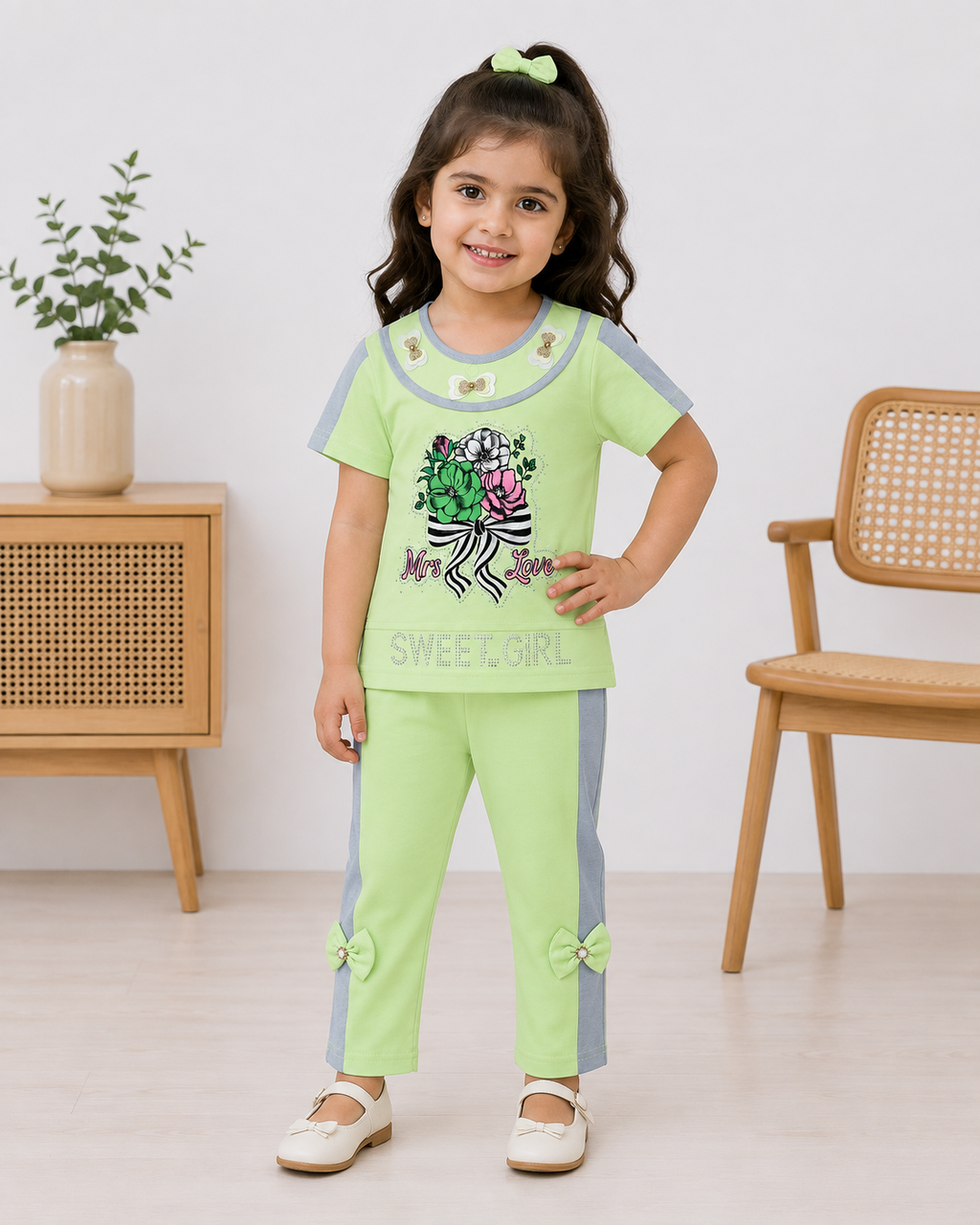 Girls 2-Piece Cotton Summer Suit | Printed T-Shirt & Trouser Set