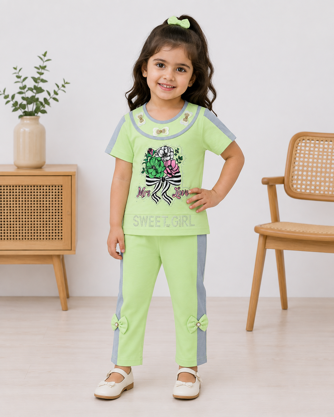 Girls 2-Piece Cotton Summer Suit | Printed T-Shirt & Trouser Set