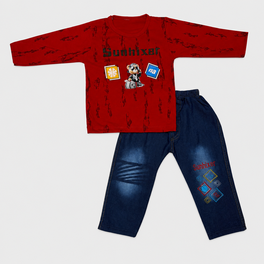 Boys Printed Jersey Shirt with Jeans – 2 Piece Casual Outfit