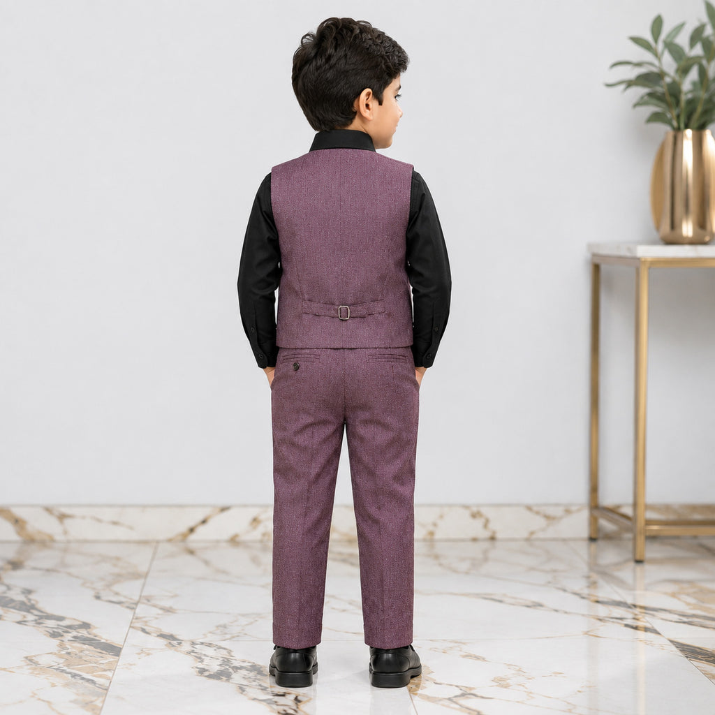 Boys 4 Piece Formal Suit – Mauve Waistcoat & Trouser with Black Shirt
