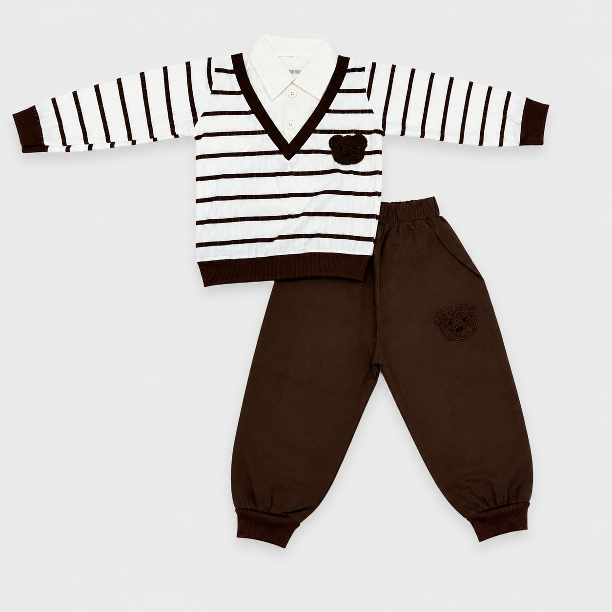 Boys Bear Embroidered 2 Piece Casual Set – Striped Collar Shirt & Jogger Trouser