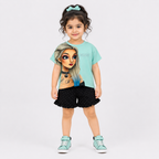 Girls Aqua Graphic T-Shirt & Black Frill Shorts Set | Lamtar Kids