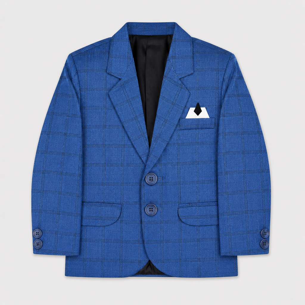 Boys 5 Piece Blue Tuxedo Suit – Check Formal Party Wear | 3–9 Years