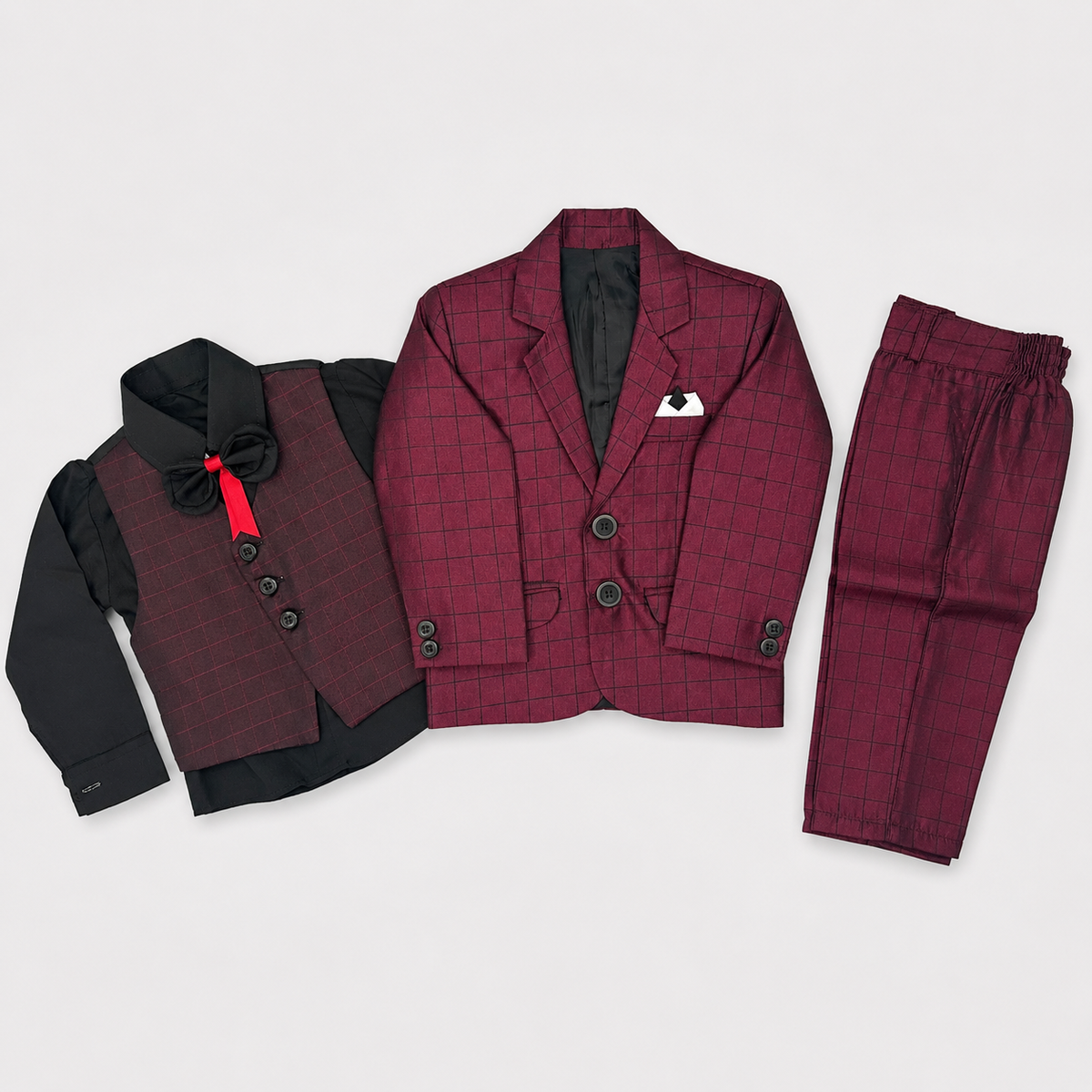 Boys 5-Piece Checkered Formal Suit – Blazer, Waistcoat, Shirt, Trouser & Bow Tie | 18–30 Months