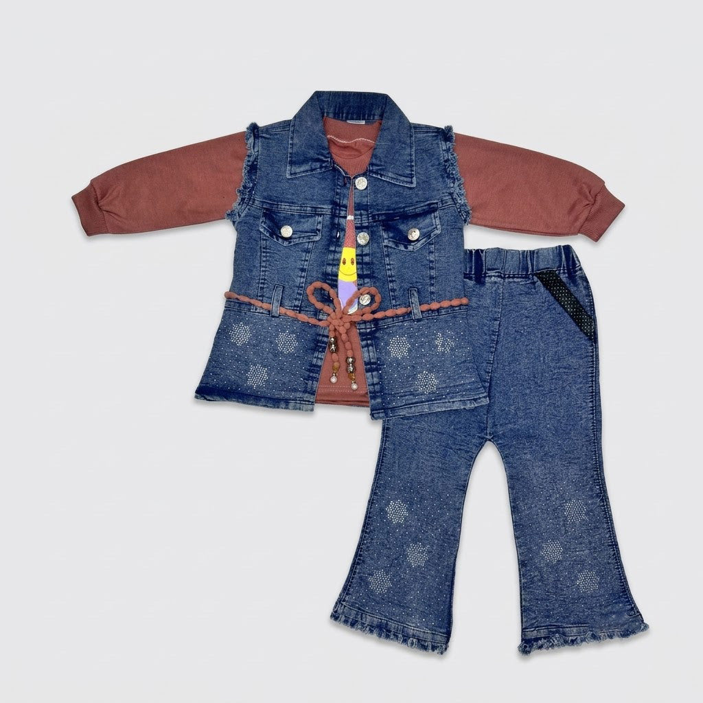 Girls 3-Piece Denim-Look Cotton Suit (Sleeveless Vest, Brown Inner & Bell-Bottom Trouser)