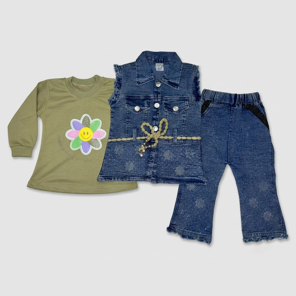 Girls 3-Piece Denim-Look Cotton Suit (Sleeveless Vest, Brown Inner & Bell-Bottom Trouser)