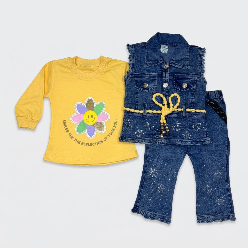 Girls 3-Piece Denim-Look Cotton Suit (Sleeveless Vest, Brown Inner & Bell-Bottom Trouser)