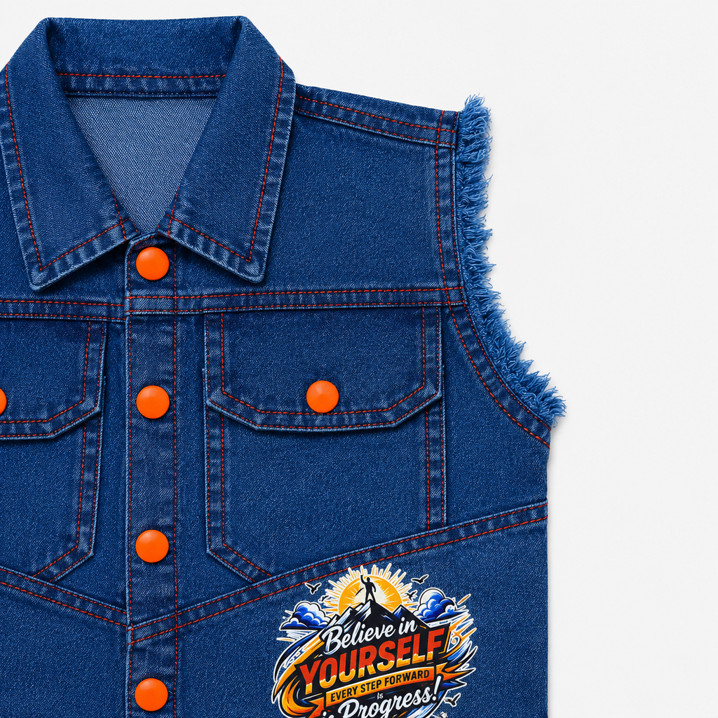 Boys Denim 3-Piece Suit with Sleeveless Jacket, Printed T-Shirt & Trouser
