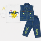 Boys 3-Piece Denim Outfit with Printed Full-Sleeve Shirt & Sleeveless Jacket