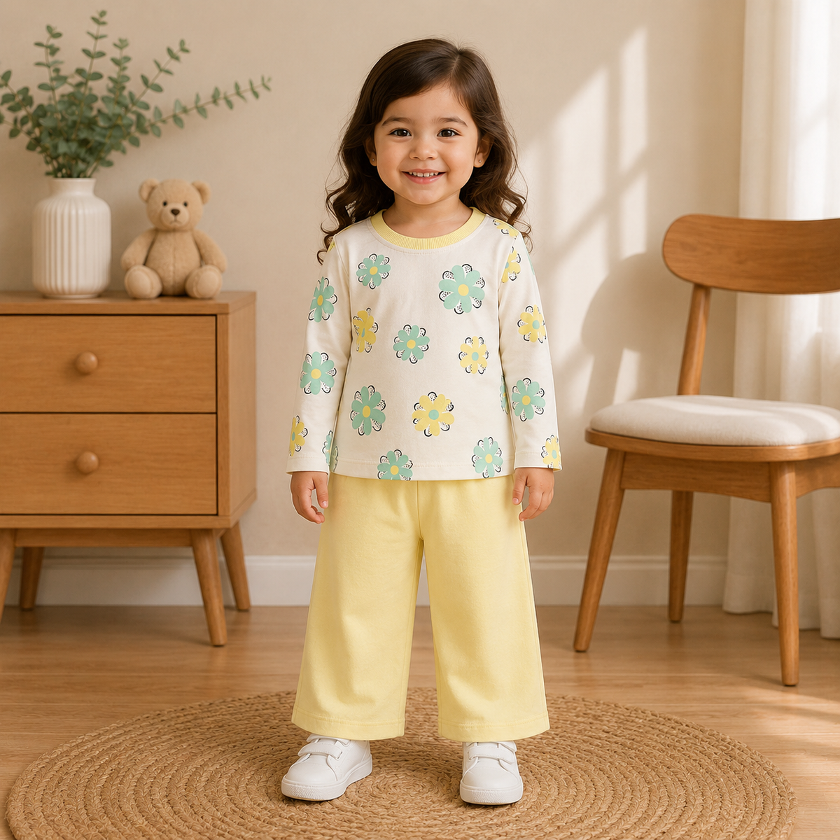Baby Girls Printed Jersey 2-Piece Set | Floral Full Sleeve Top & Wide-Leg Trouser