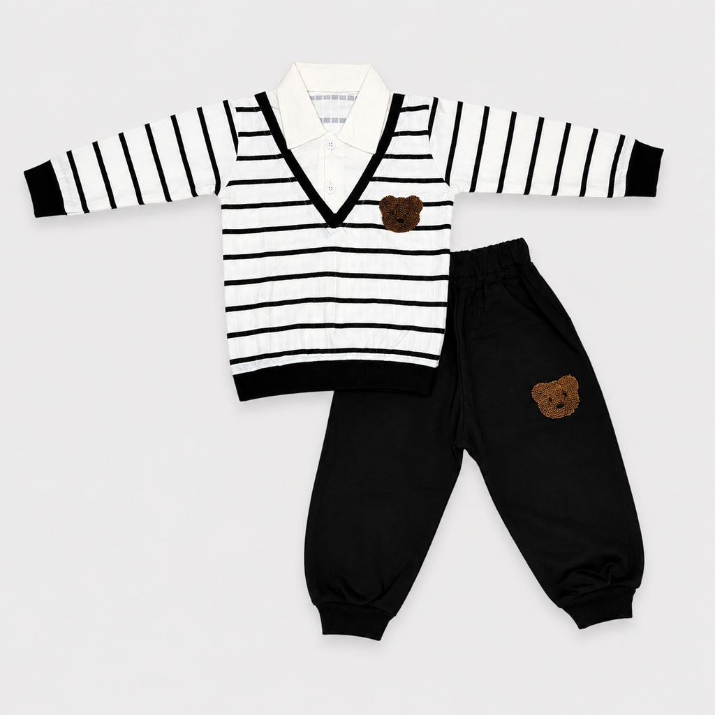 Boys Bear Embroidered 2 Piece Casual Set – Striped Collar Shirt & Jogger Trouser