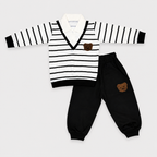 Boys Bear Embroidered 2 Piece Casual Set – Striped Collar Shirt & Jogger Trouser