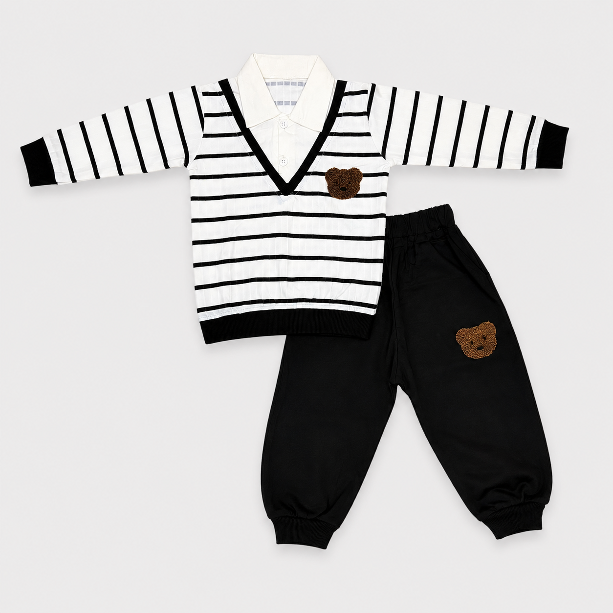 Boys Bear Embroidered 2 Piece Casual Set – Striped Collar Shirt & Jogger Trouser