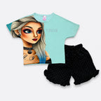 Girls Aqua Graphic T-Shirt & Black Frill Shorts Set | Lamtar Kids