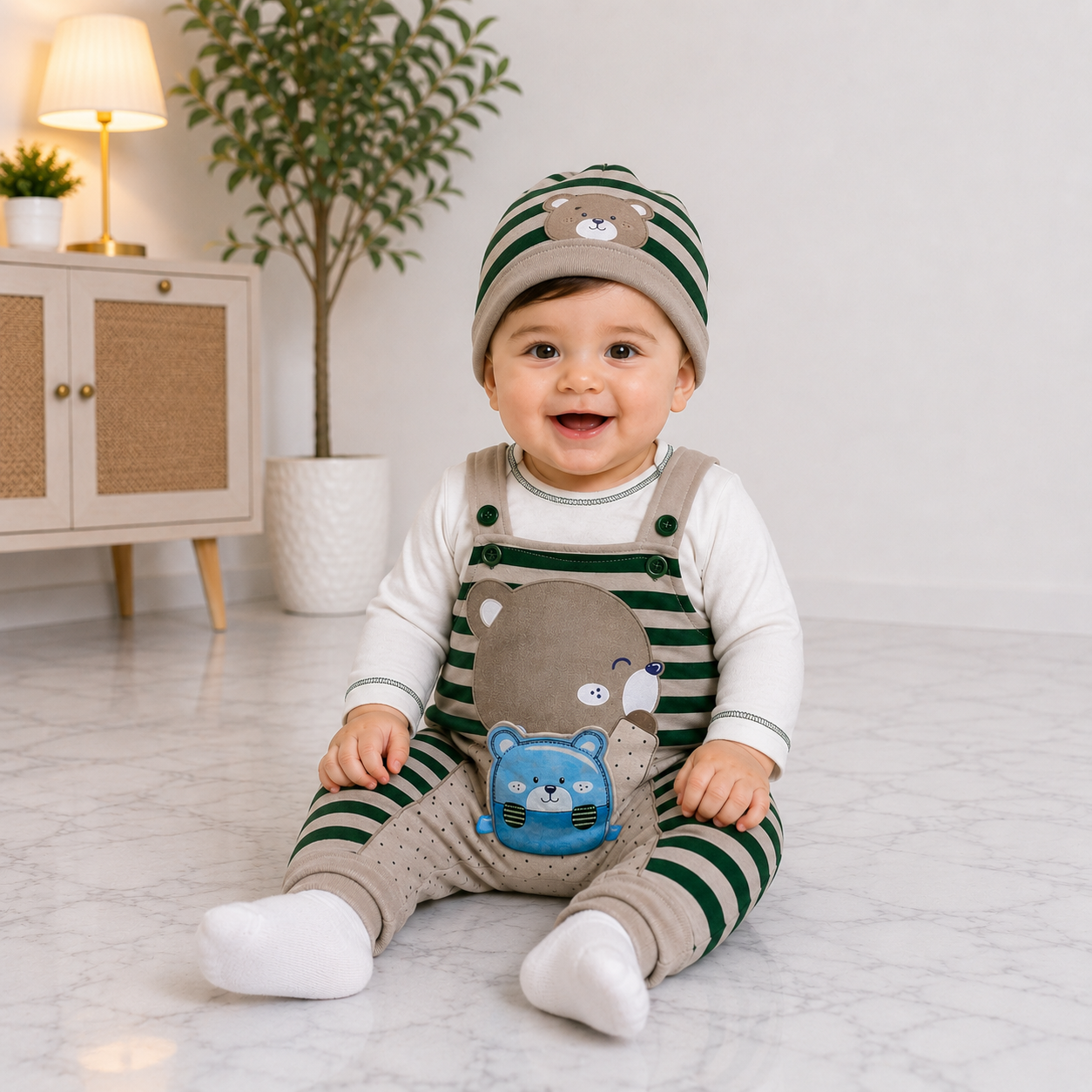 Baby Boys 3-Piece Romper Set | Bear Print Romper with Cap & Inner Shirt