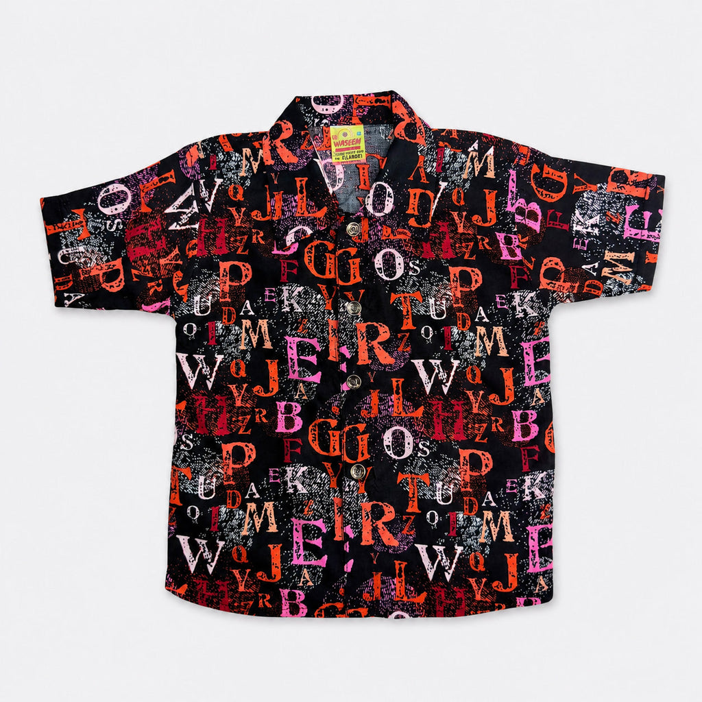 Boys Linen Alphabet Printed Short Suit – Black Red Kids Summer Outfit | Lamtar Kids