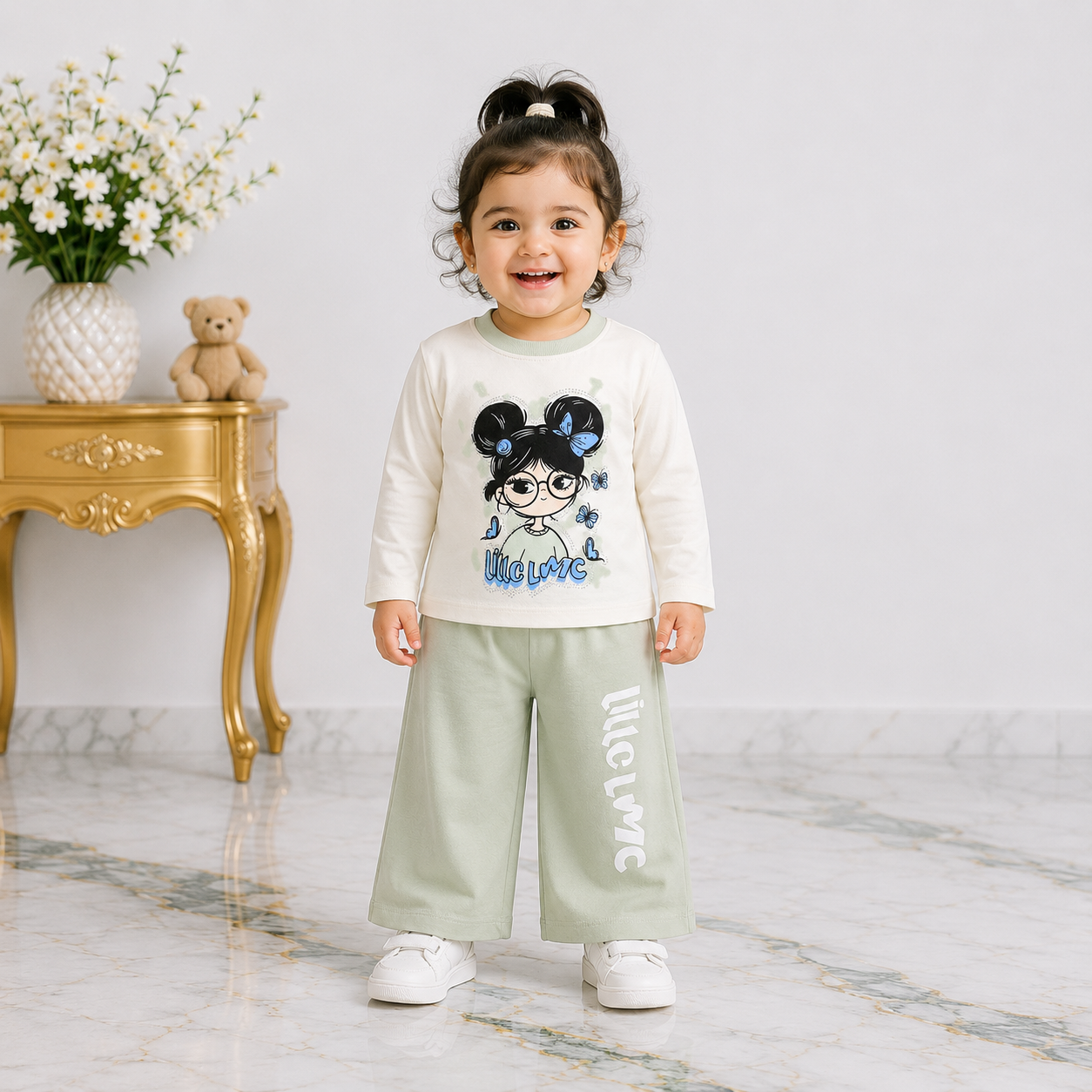 Baby Girls Printed Jersey 2-Piece Set | Long Sleeve Top & Wide-Leg Trouser
