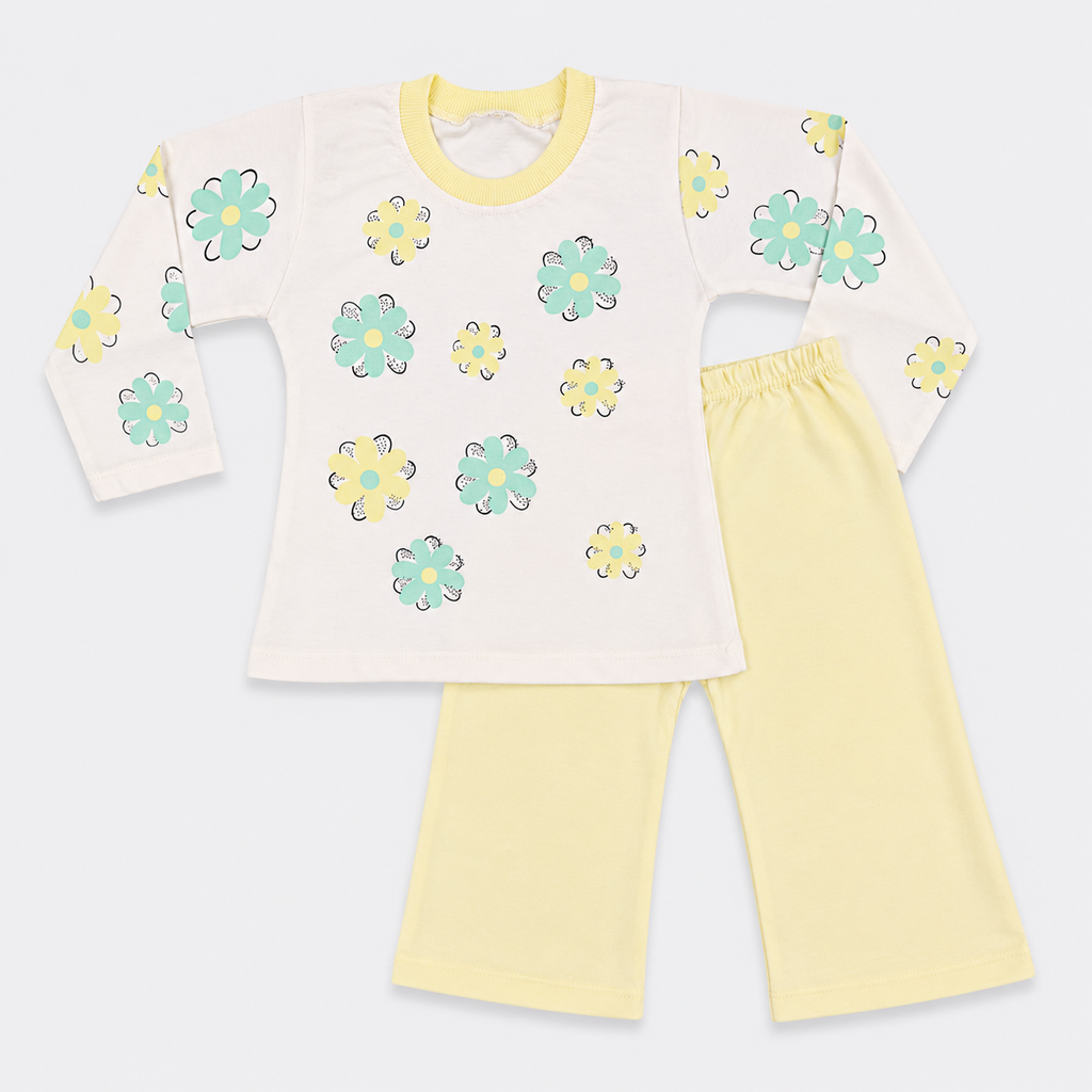 Baby Girls Printed Jersey 2-Piece Set | Floral Full Sleeve Top & Wide-Leg Trouser