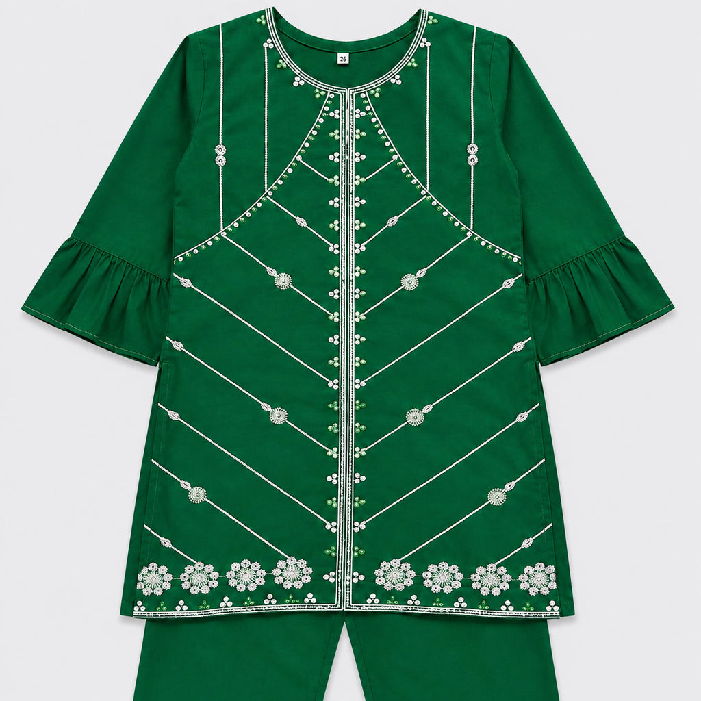 Girls Cotton Embroidered 2 Piece Suit – Green Kurti With Trouser – Kids Eastern Wear