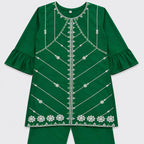 Girls Cotton Embroidered 2 Piece Suit – Green Kurti With Trouser – Kids Eastern Wear