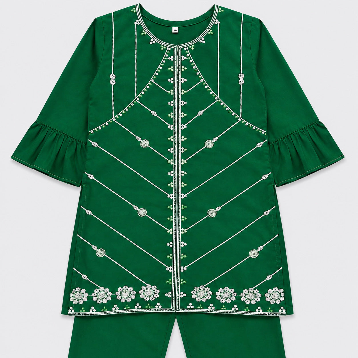 Girls Cotton Embroidered 2 Piece Suit – Green Kurti With Trouser – Kids Eastern Wear