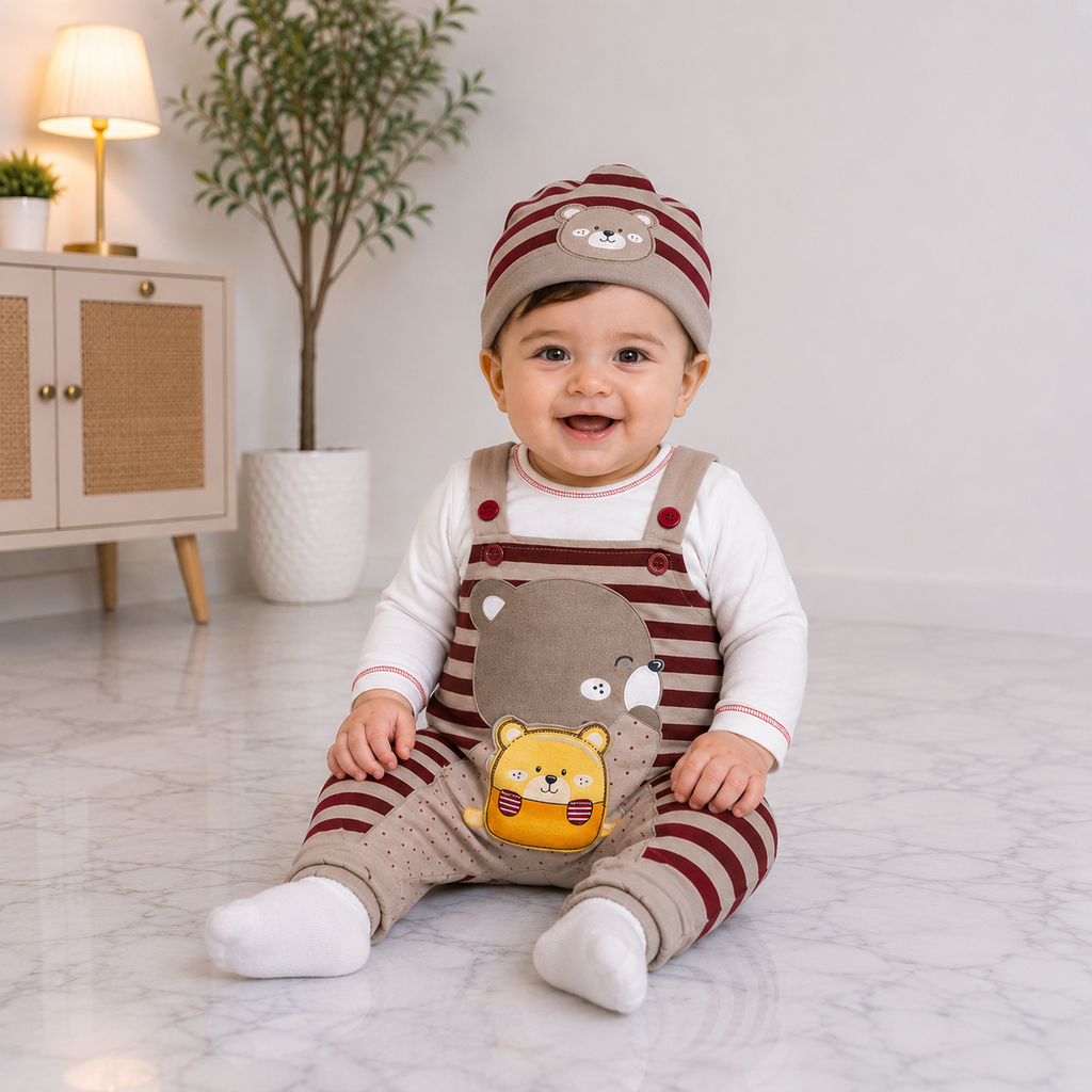 Baby Boys 3-Piece Romper Set | Bear Print Romper with Cap & Inner Shirt